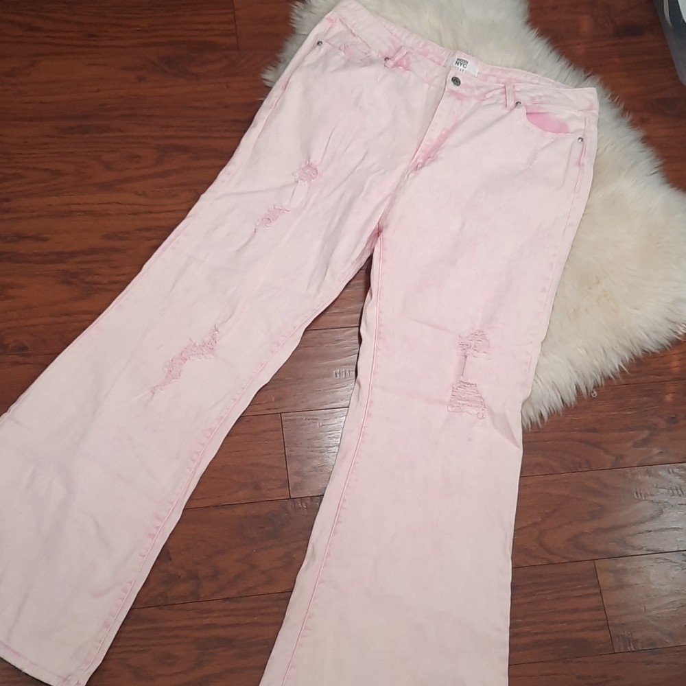 Madden NYC Pink Distressed Bellbottom Jeans - Picture 3 of 4